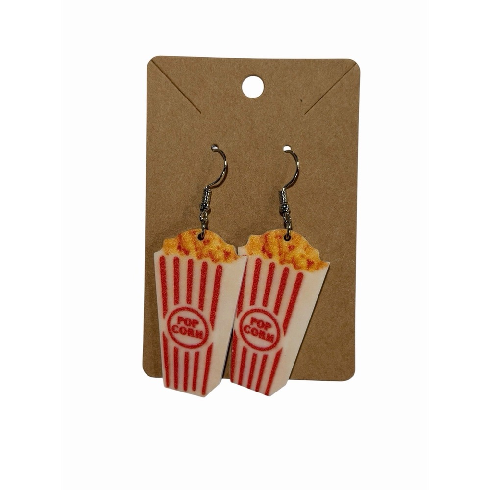 Popcorn Bucket Novelty Earrings Red White Striped Movie Theater Acrylic Dangle‎